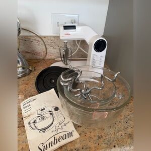Retro 1970’s Sunbeam White Hand/Stand Mixer with Glass Mixing Bowl  Dough Hooks